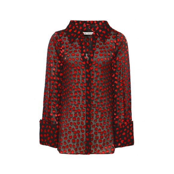 Alice + Olivia Silk Emmerson Burnout Velvet Heart Shirt Sheer Button Down Blouse - Picture 2 of 16